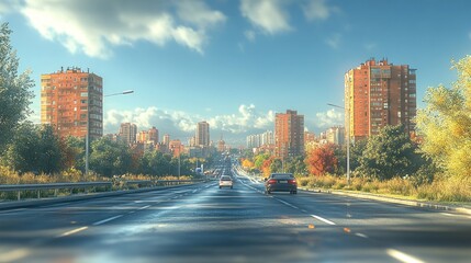 Obraz premium Cityscape with a road leading to residential buildings under clouds.
