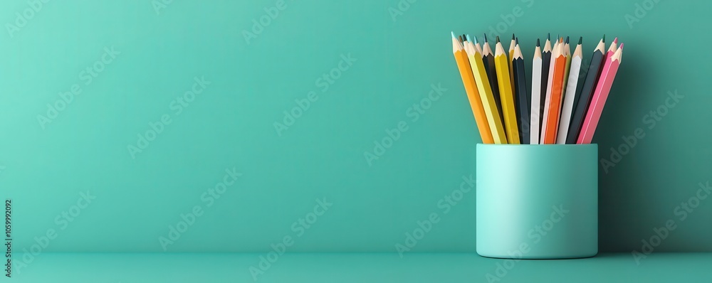 Poster a colorful arrangement of pencils in a turquoise container against a matching backdrop, creating a v