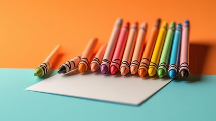 Naklejka premium A colorful arrangement of crayons beside a blank sheet of paper on a vibrant background, inviting creativity and artistic expression.