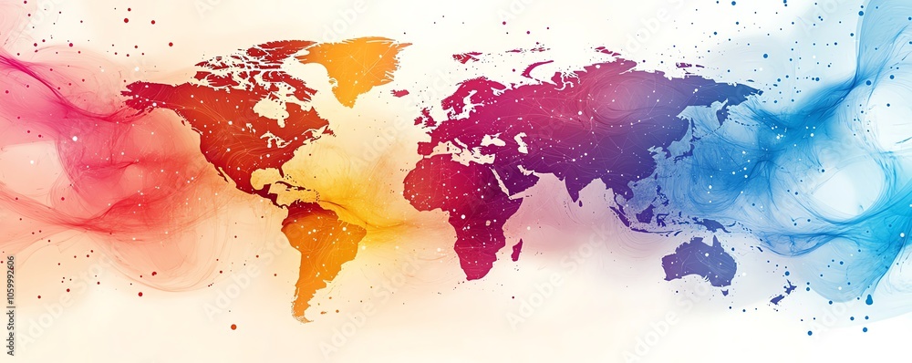 Poster an abstract world map with flowing connecting lines and colorful dots, illustrating the interconnect