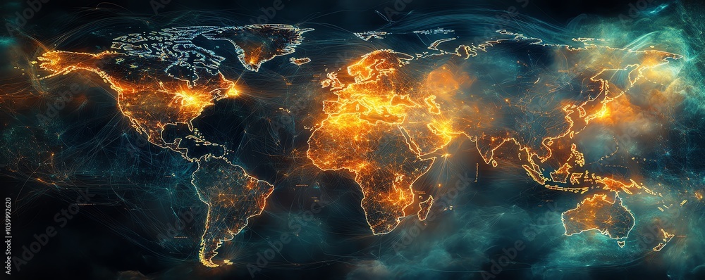 Poster an artistic world map with intricate connecting lines and glowing dots, representing global communic
