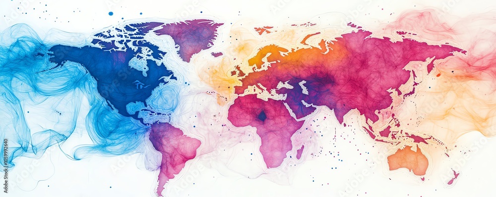 Poster an abstract world map with flowing connecting lines and colorful dots, illustrating the interconnect