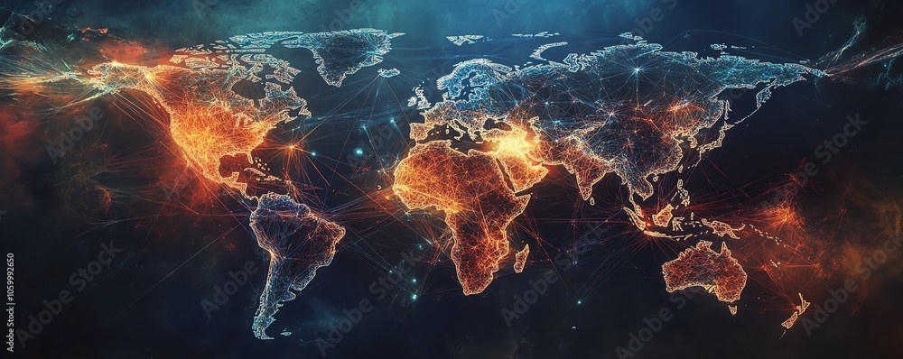 Poster an artistic world map with intricate connecting lines and glowing dots, representing global communic