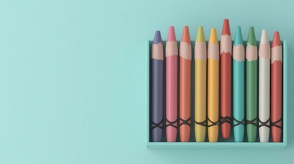 Naklejka premium A vibrant collection of colored pencils arranged neatly in a box against a soft turquoise background.