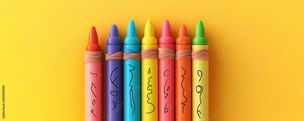Poster a vibrant array of colorful crayons arranged neatly against a bright yellow background, perfect for 