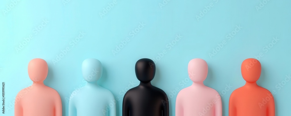 Poster colorful human figures on a blue background represent diversity and inclusivity, symbolizing unity t