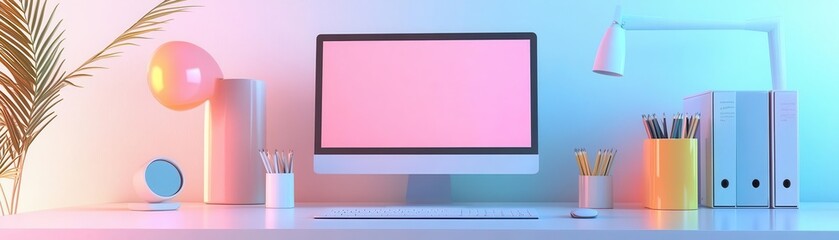 A vibrant modern workspace featuring a computer, colorful accessories, and ambient lighting, creating a stylish and productive atmosphere.