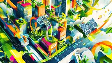 An abstract illustration of a futuristic city with green spaces, solar panels, and technological elements.
