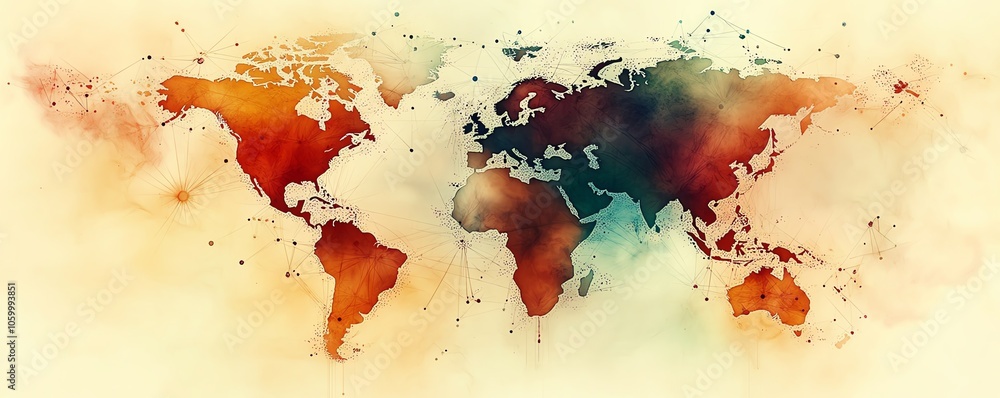 Poster a captivating world map with intricate connecting lines and diverse colored dots, representing the e