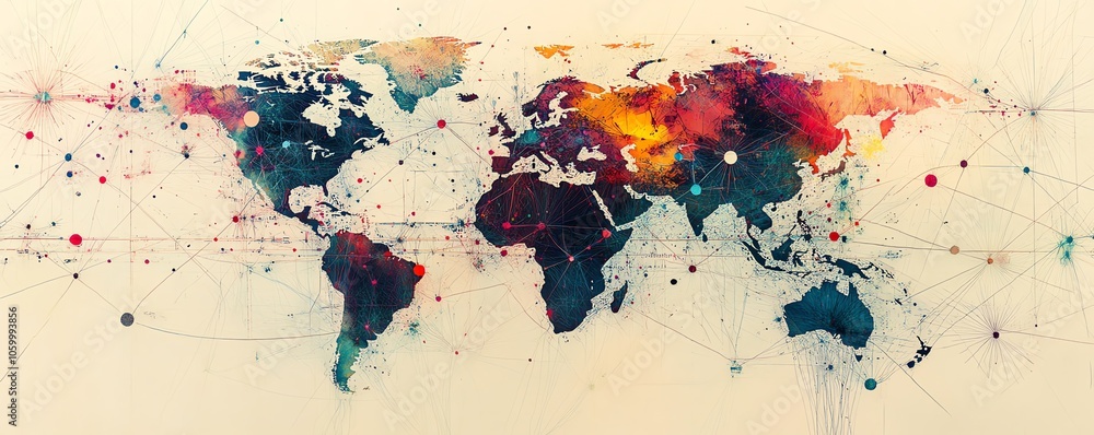 Poster a captivating world map with intricate connecting lines and diverse colored dots, representing the e