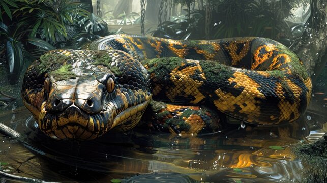 Large Green and Yellow Python Camouflaged in Mystical Tropical Forest