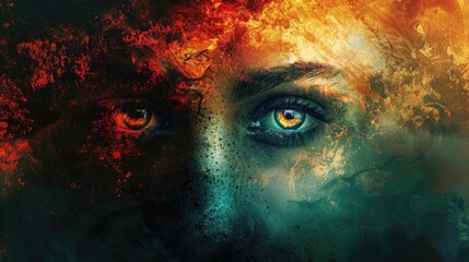 Naklejka premium Intense Fiery Eyes in Surreal Artistic Digital Painting with Vivid Colors and Abstract Design