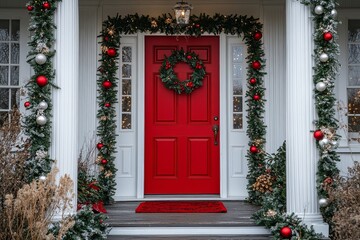 Fototapeta premium Bright red door on a festive porch adorned with Christmas decorations and garlands, creating an inviting holiday entrance.