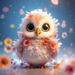 Fototapeta premium Cute baby owl in bright sunny colors in a flower meadow.