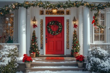 Fototapeta premium Bright red door on a festive porch adorned with Christmas decorations and garlands, creating an inviting holiday entrance.