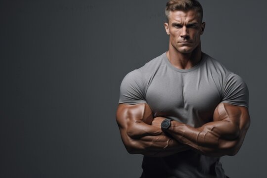 Muscular man sitting in dark room showing strength studio portrait evening