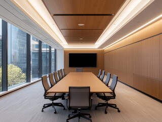 Fototapeta premium Modern Conference Room Design with Sleek Aesthetics and Large Windows for Natural Light