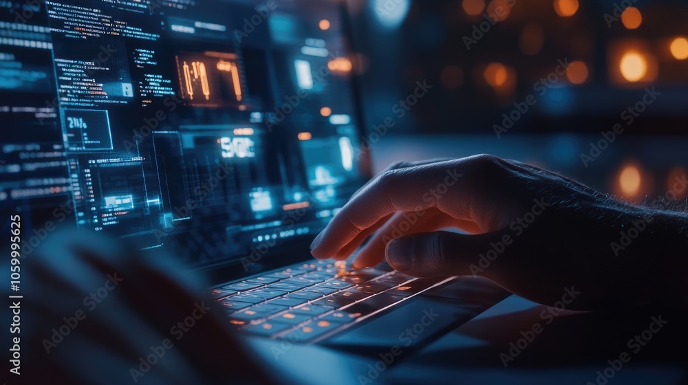 Poster exploring the digital landscape the interaction between human hands and advanced technology in a con
