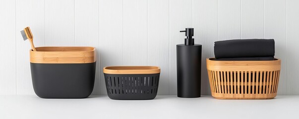 Modern bathroom essentials featuring black and bamboo containers arranged neatly on a white background, ideal for minimalist decor.