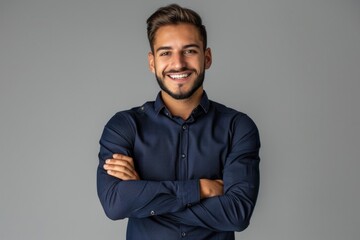 Fototapeta premium Man smiling with arms crossed against grey wall