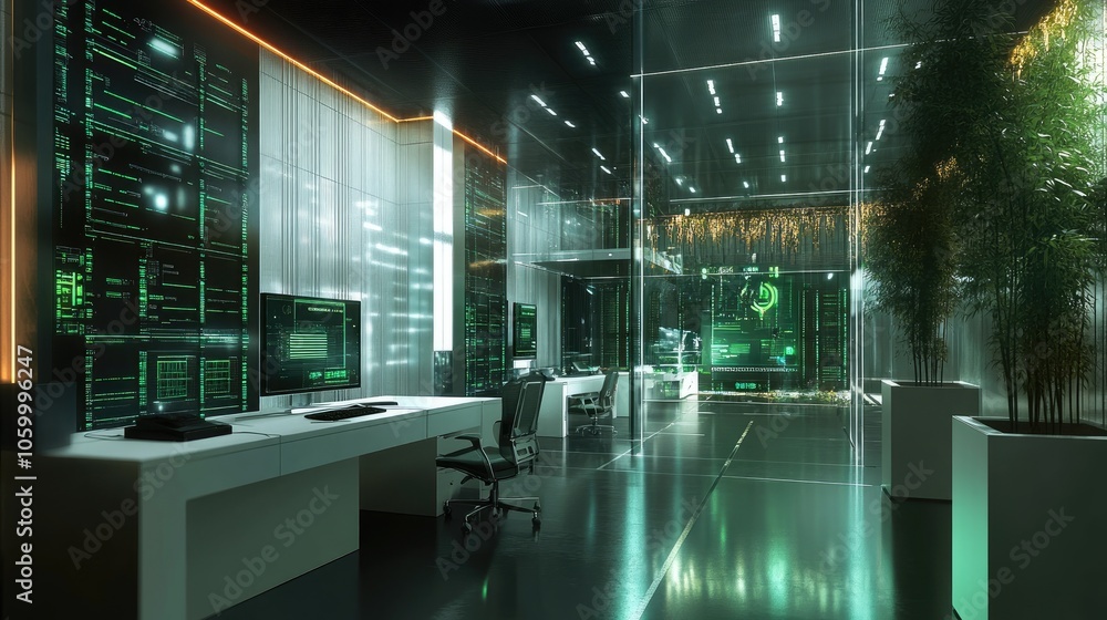 Poster futuristic office space with high-tech interfaces and transparent walls