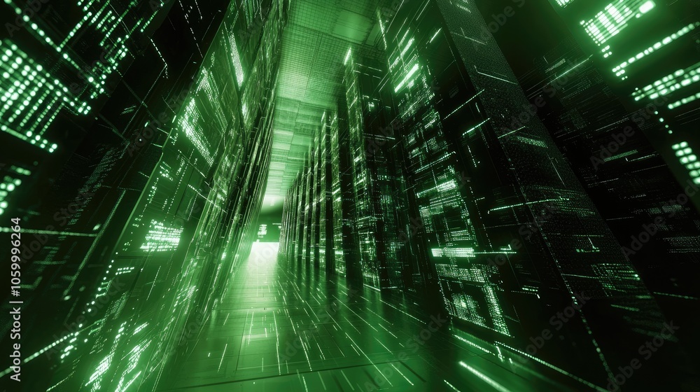 Poster exploring the digital realm a journey through the neon-lit data corridor of the future