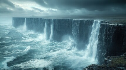 Dramatic coastal cliffs with waterfalls cascading into the ocean.