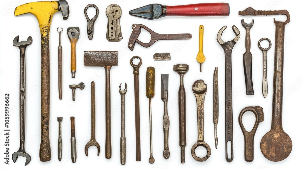 Poster a collection of various hand tools arranged for display or reference.