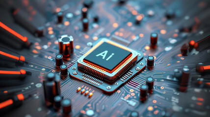 3D render AI artificial intelligence technology CPU central processor unit chipset on the printed circuit board for electronic and technology concept select focus shallow depth of field Futurism