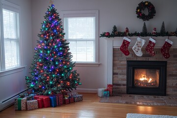 Christmas tree with colorful lights next to fireplace in empty room, decorated for New Year with presents on floor and stockings above.