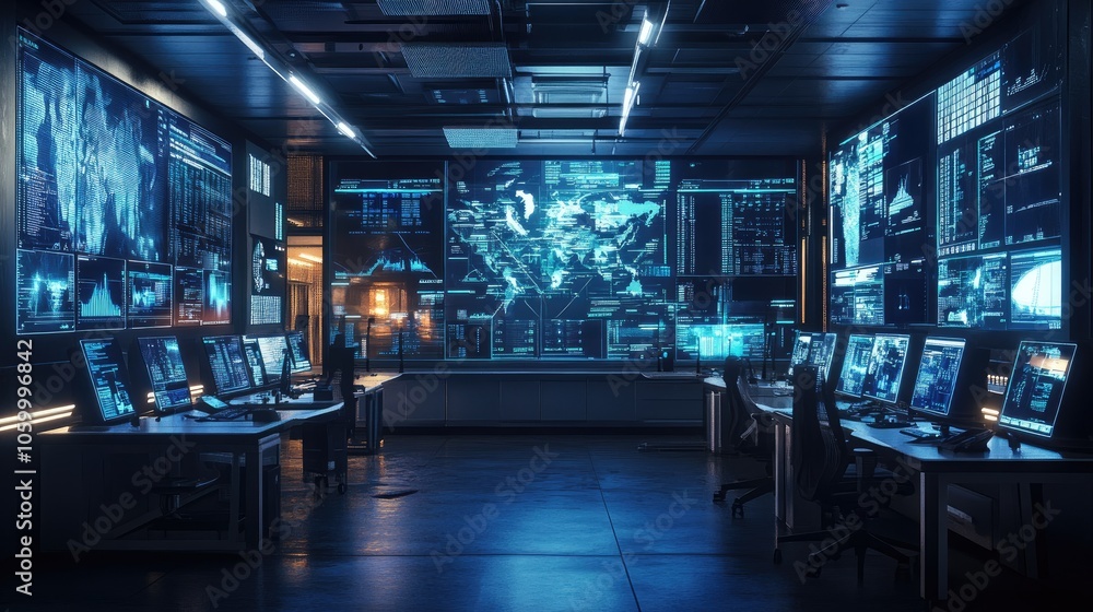 Poster futuristic data center with advanced technology interfaces and global connectivity visuals in a high