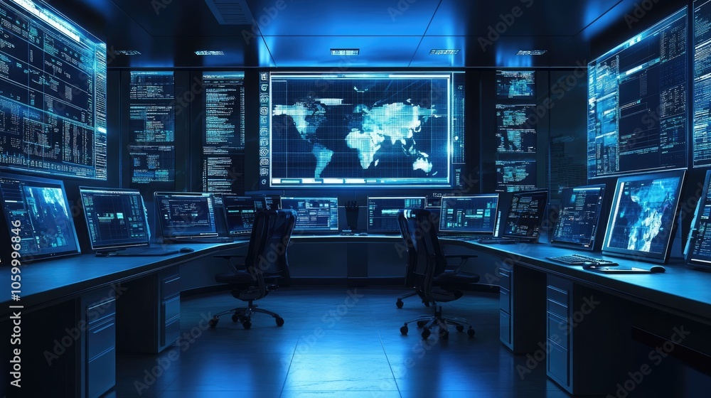 Poster futuristic control room with high-tech monitors displaying global data analytics and cybersecurity i
