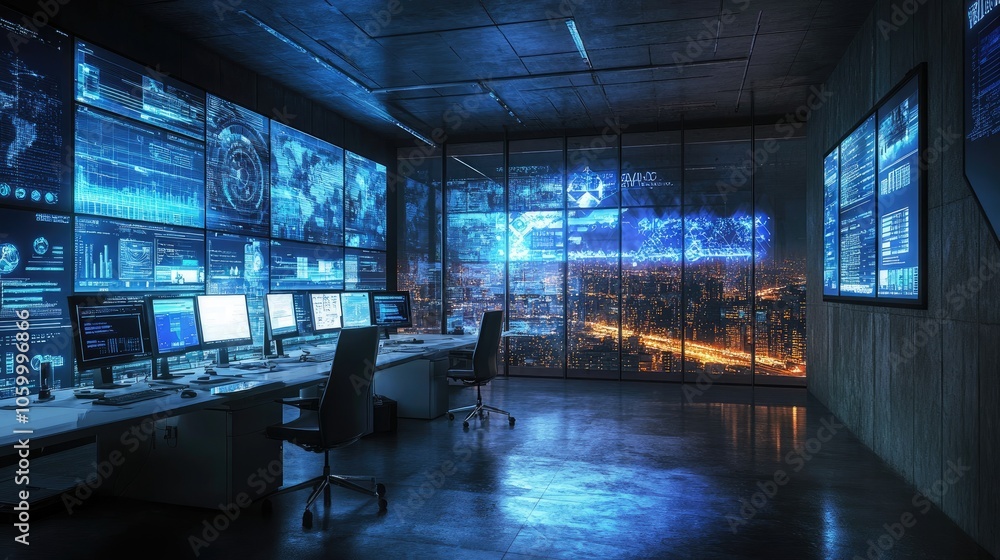 Poster futuristic control room with advanced data visualization in a smart city environment