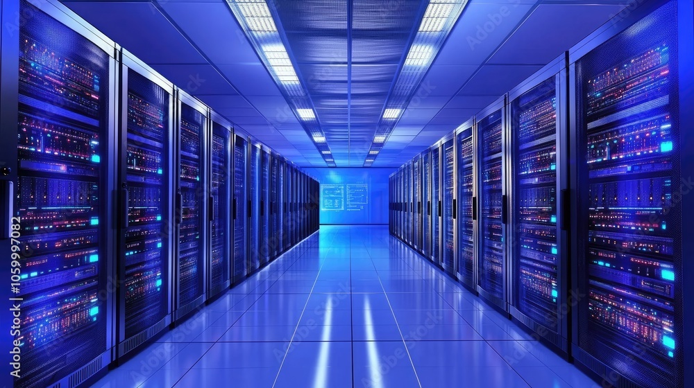 Poster exploring the future of data storage a journey through a modern server room filled with advanced tec