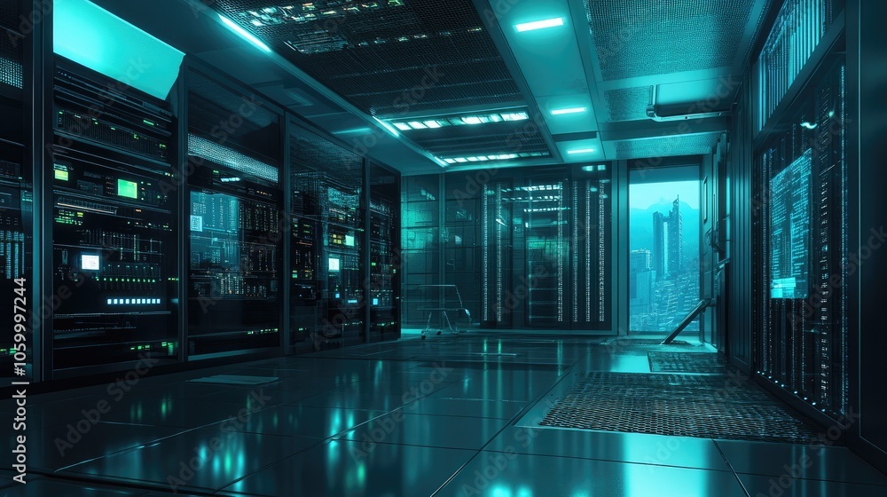 Poster futuristic data center an immersive look into high-tech server rooms and advanced digital infrastruc