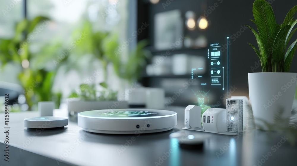 Poster exploring the future of smart home technology innovations in automation and design for a sustainable