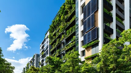 Sustainable urban living exploring modern architecture with green spaces and solar panels in eco-friendly high-rise buildings