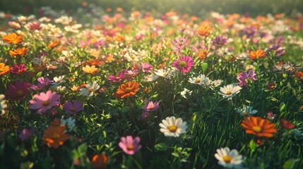 A bed of wildflowers in a variety of colors under a warm summer light.