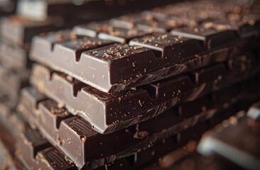 Stacked dark chocolate bars close-up