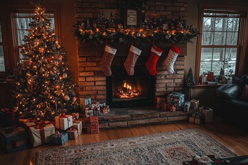 Naklejka premium Cozy Christmas scene with presents under tree, twinkling lights around open fireplace, and stockings hanging above.