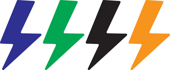 Energy Power Icons, Bold Electric Bolt Symbols in Blue, Green, Black, and Orange.Dynamic Power Symbols,Vibrant Electric Bolts Representing Energy with transparent background. vector illustration