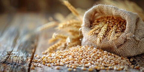 Wheat spilled from burlap sack on rustic surface