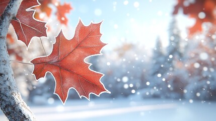 Fototapeta premium maple leaves dusted with delicate frost crystals. The leaves, tinged with shades of maroon and brown, contrast beautifully against the white frost, with a soft-focus background giving an ethereal, win