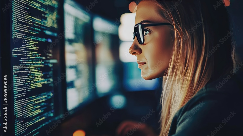 Poster focused developer analyzing code on computer screen in a dimly lit environment