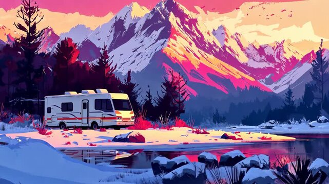 A motorhome is parked by a lake in a snow-covered mountain valley at sunset