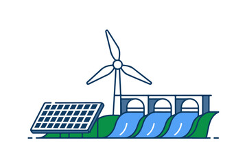 wind turbine and solar panels,power plant, illustration 