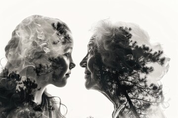 Fototapeta premium Double Exposure: Young Girl and Elderly Woman with Nature Background