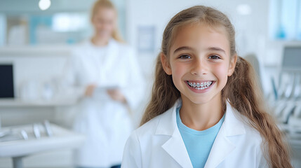 Fototapeta premium A dentist in a white coat explaining orthodontic treatment to a young patient, with a dental table and tools in the background.