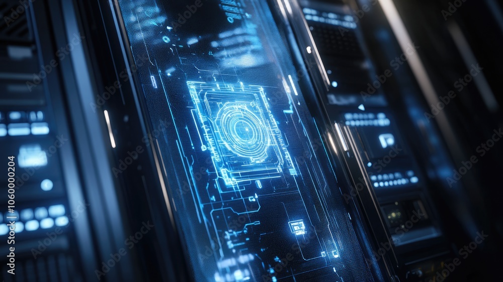 Poster futuristic digital interface exploring the intricate design of advanced technology and data systems