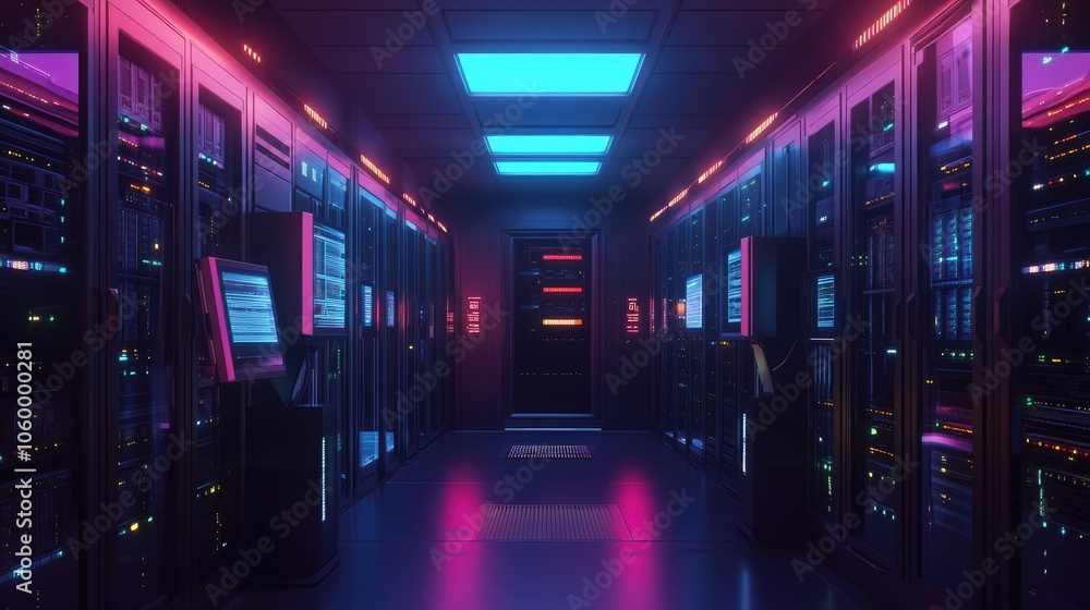 Poster exploring the futuristic aesthetics of a high-tech data center with neon lighting and advanced serve